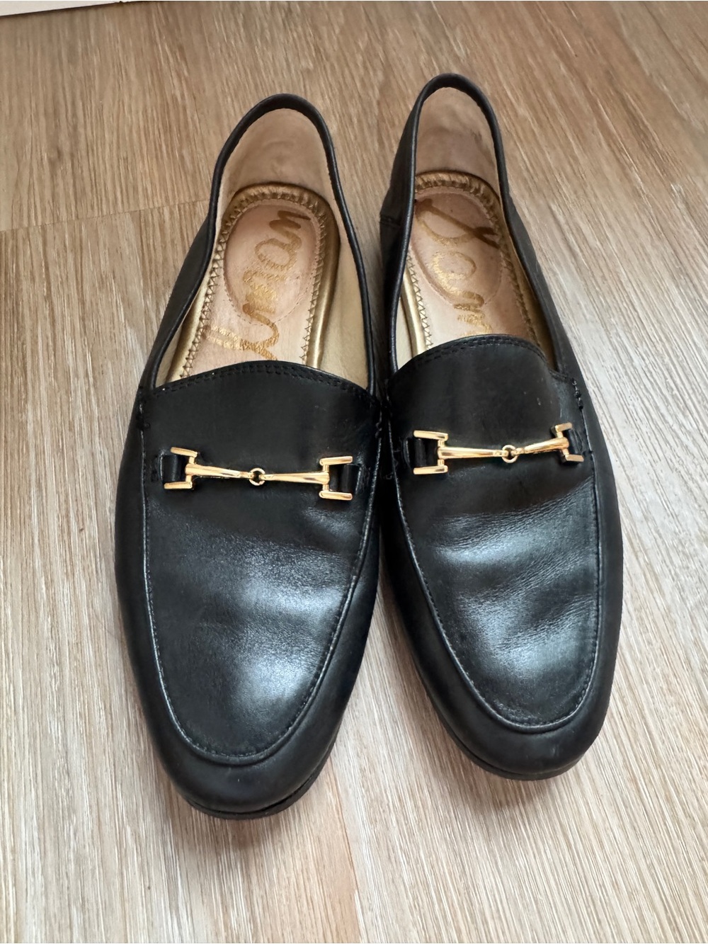 Sam Edelman Black Leather Horsebit Loafers Women’s Size 7 Gold Hardware - Picture 2 of 8